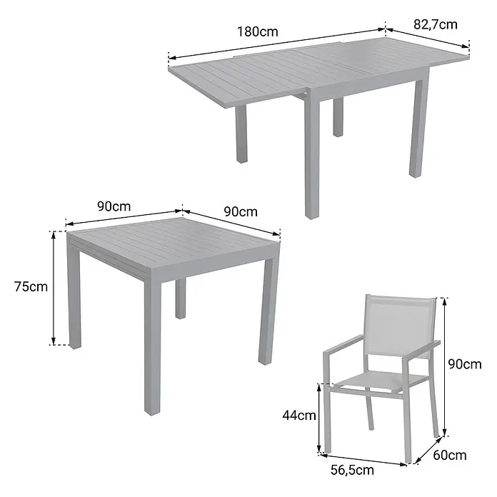 Happy Garden Gartentisch-Set VENEZIA - Gesamtumfang: 9 -tlg., Aluminium - Graue Gartenmöbelgarnitur: ausziehbarer Tisch (180x82.7cm), quadratischer Tisch (90x90x75cm) und Stuhl (H90, Sitzh. 44, B60, T56.5cm).