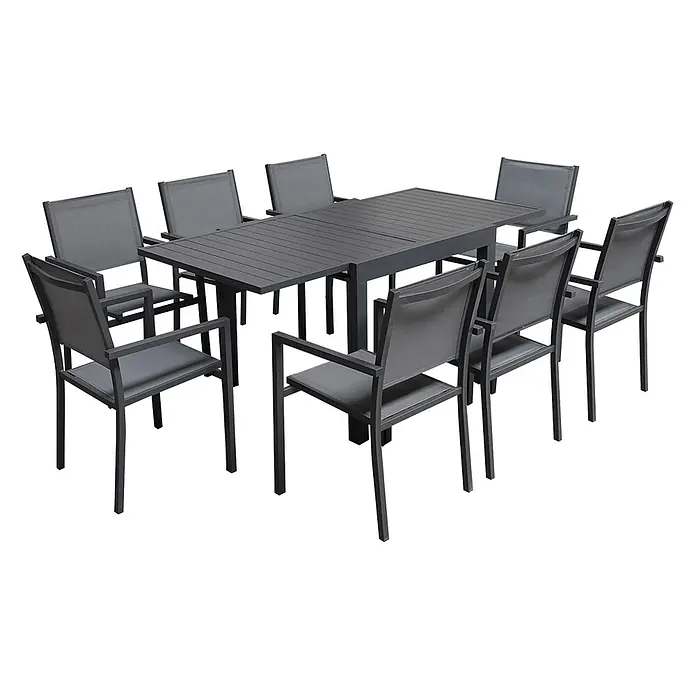Happy Garden Gartentisch-Set VENEZIA - Gesamtumfang: 9 -tlg., Aluminium - Dunkelgraues Outdoor-Esstischset mit rechteckigem Lamellentisch und acht Stühlen mit Netzsitzen und Armlehnen.