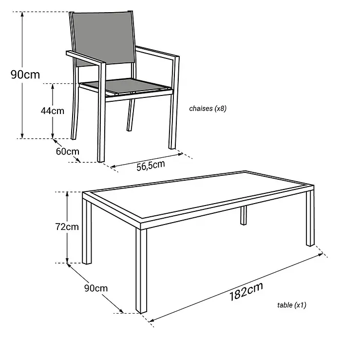 Happy Garden Gartentisch-Set BARI - Gesamtumfang: 9 -tlg., Aluminium - Grauer Outdoor-Esszimmerstuhl und rechteckiger Tisch mit detaillierten Maßen für ein Set aus 8 Stühlen und 1 Tisch.