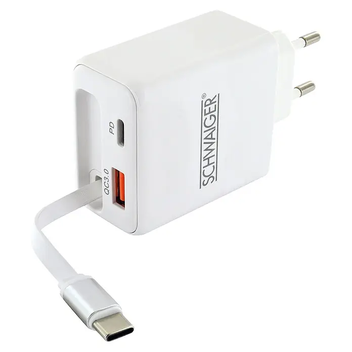 Schwaiger USB-Ladeadapter 230V 30W USB-A, USB-C - Weiß - Weißes SCHWAIGER Netzteil mit zwei Ladeanschlüssen (USB-A QC3.0, USB-C PD) und Eurostecker. Ein weißes USB-C Kabel ist angeschlossen.