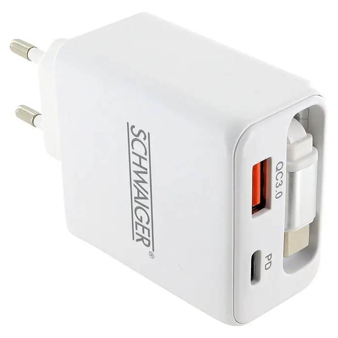 Schwaiger USB-Ladeadapter 230V 30W USB-A, USB-C - Weiß - Weißes Schwaiger Netzteil mit USB-A QC3.0 und USB-C PD Anschlüssen.