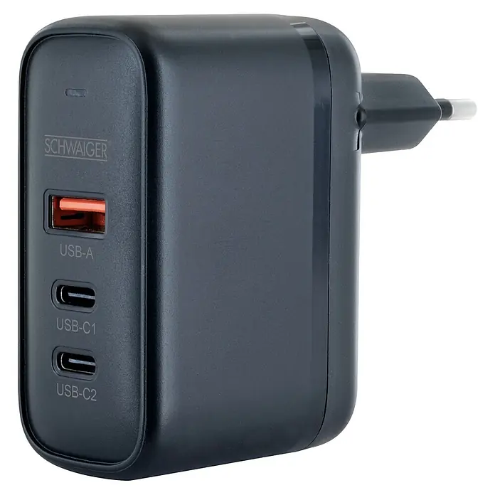 Schwaiger USB-Ladeadapter 230V Schnellladegerät 35W USBA, 2 x USB-C - Schwarz - Dunkelgraues Multi-Port-Netzteil mit einem orangen USB-A-Anschluss und zwei USB-C-Anschlüssen, inklusive Standard-Stecker.