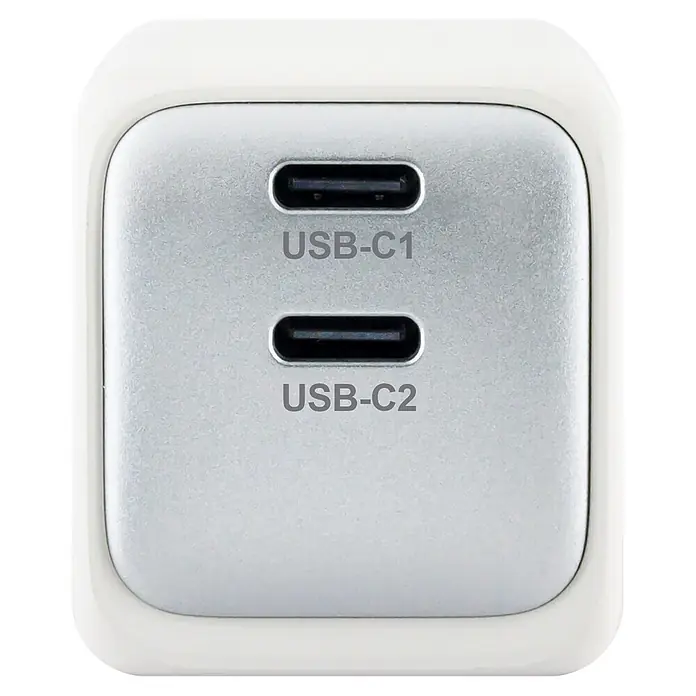 Schwaiger USB-Ladeadapter 48W 2 x USB-C - Weiß - Weißes Dual-USB-C-Ladegerät mit silbergrauer Frontplatte und zwei beschrifteten USB-C-Anschlüssen.