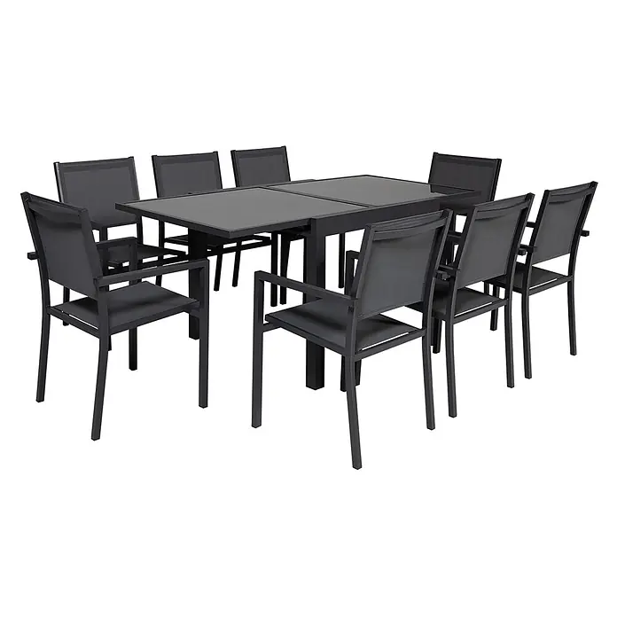 Happy Garden Gartentisch-Set LAMPEDUSA - Gesamtumfang: 9 -tlg., Aluminium - Dunkelgraues Outdoor-Esstisch-Set mit ausziehbarem Tisch und zehn Stühlen mit Armlehnen.