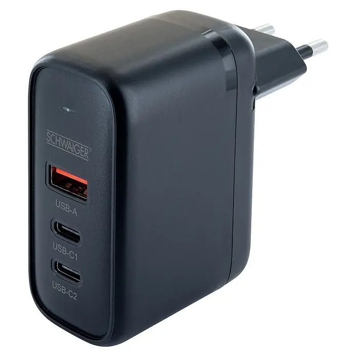 Schwaiger USB-Ladeadapter 230V Schnellladegerät 35W USBA, 2 x USB-C - Schwarz - Schwarzes SCHWAIGER Multi-Port USB-Ladegerät mit einem USB-A- und zwei USB-C-Anschlüssen und Eurostecker.
