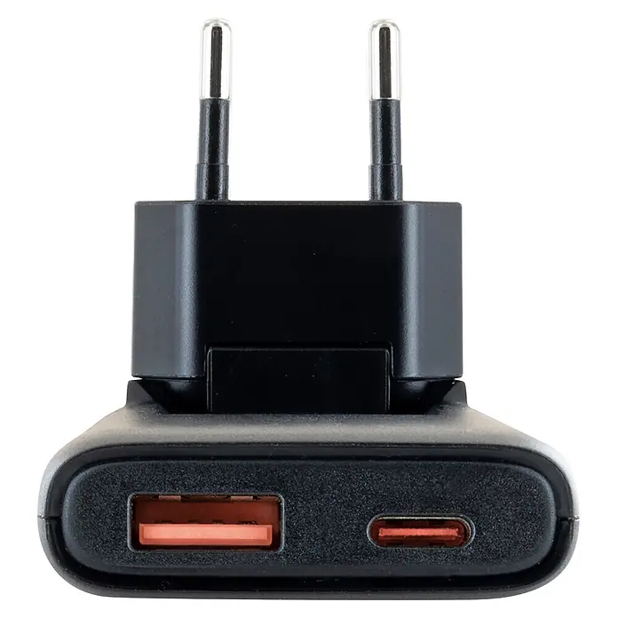 Schwaiger USB-Ladeadapter 230V USB-A USB-C - Schwarz - Schwarzes USB-Wandladegerät mit einem USB-A- und einem USB-C-Anschluss sowie einem zweipoligen Eurostecker.