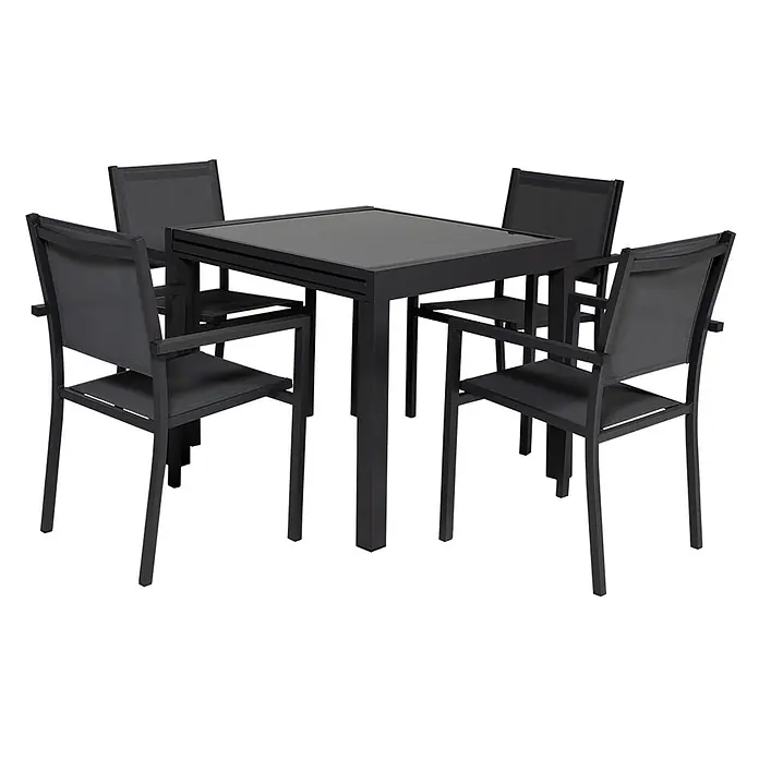 Happy Garden Gartentisch-Set LAMPEDUSA - Gesamtumfang: 9 -tlg., Aluminium - Schwarzes Outdoor-Esszimmer-Set aus Metall mit einem quadratischen Glastisch und vier Stühlen mit dunklem Netzgewebe.