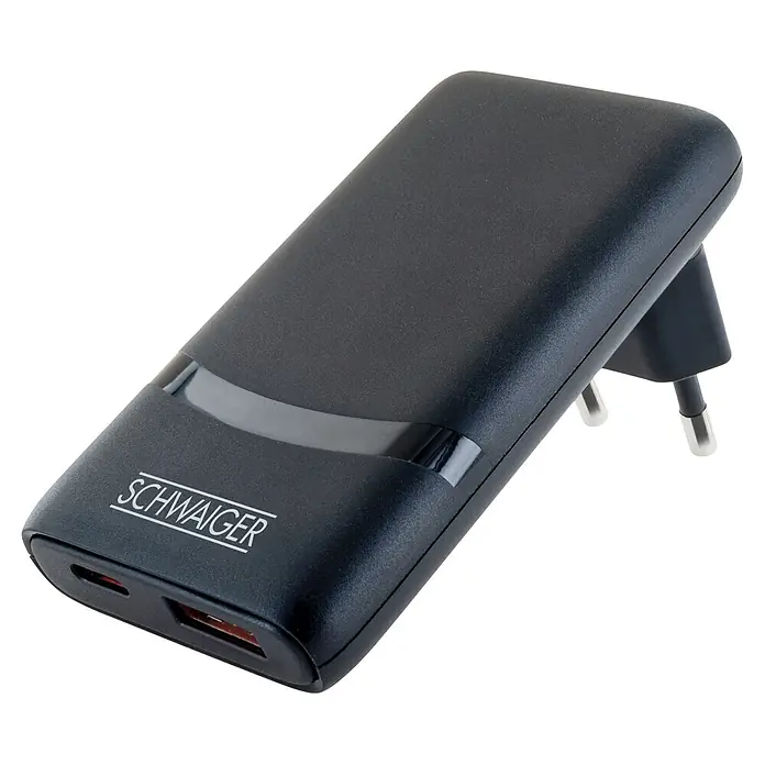 Schwaiger USB-Ladeadapter 230V USB-A USB-C - Schwarz - Schwarzes SCHWAIGER Netzteil mit zwei Ladeanschlüssen (USB-C, USB-A), transparentem Lichtstreifen und integriertem EU-Stecker.