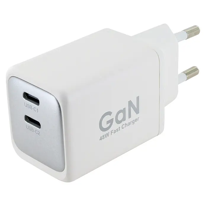 Schwaiger USB-Ladeadapter 48W 2 x USB-C - Weiß - Weißes GaN 48W Schnellladegerät mit zwei USB-C-Anschlüssen und EU-Stecker.