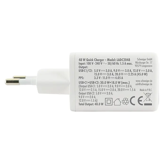 Schwaiger USB-Ladeadapter 48W 2 x USB-C - Weiß - Weißes 48W Schnellladegerät mit silbernen Stiften, das detaillierte Leistungsspezifikationen und USB-C Ausgänge zeigt.