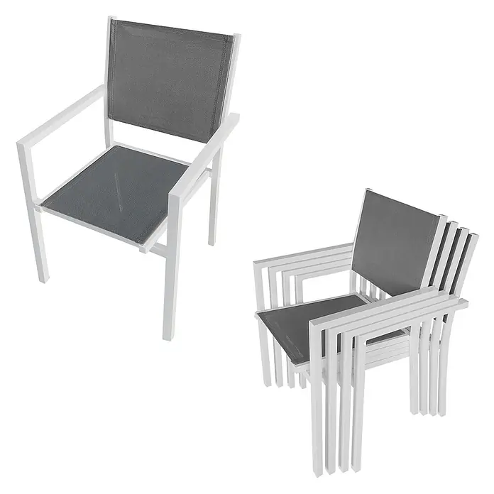 Happy Garden Gartentisch-Set CAGLIARI - Gesamtumfang: 9 -tlg., Aluminium - Stapelbare Terrassenstühle mit weißem Aluminiumgestell und grauem Textilgewebe.
