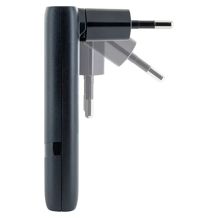 Schwaiger USB-Ladeadapter 230V USB-A USB-C - Schwarz - Schwarzes verstellbares Netzteil mit schwenkbarem Kopf, der den Stecker in verschiedenen Positionen zeigt, um seine Flexibilität hervorzuheben.