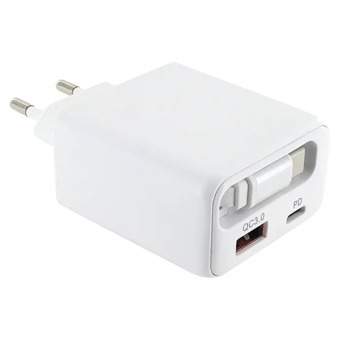 Schwaiger USB-Ladeadapter 230V 30W USB-A, USB-C - Weiß - Weißes, rechteckiges Wandladegerät mit zwei Steckern und zwei Ladeanschlüssen: USB-A QC3.0 und USB-C PD.