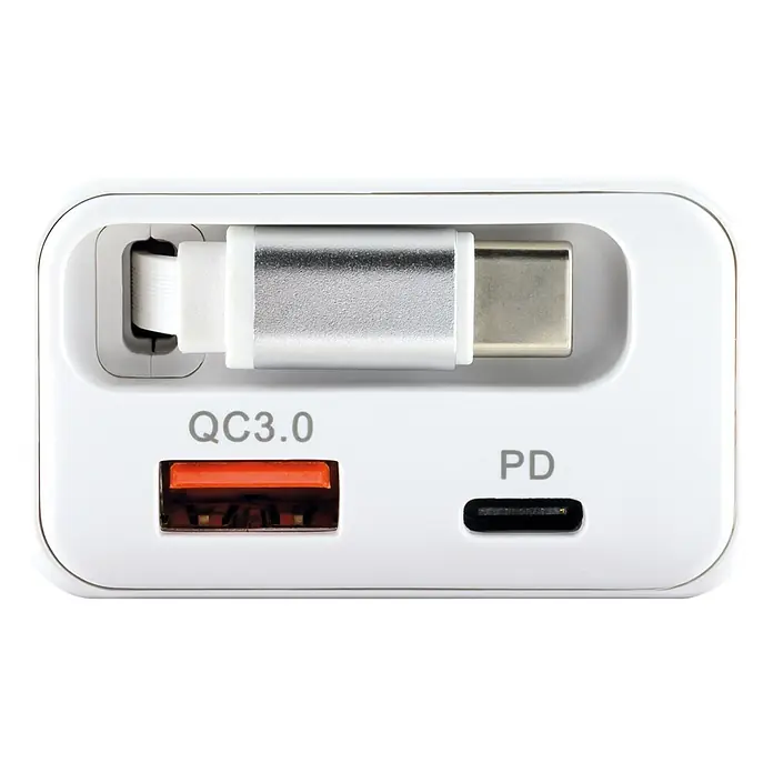 Schwaiger USB-Ladeadapter 230V 30W USB-A, USB-C - Weiß - Weißes Ladegerät mit QC3.0 USB-A und PD USB-C Anschlüssen, sowie einem eingesteckten USB-C Kabel.