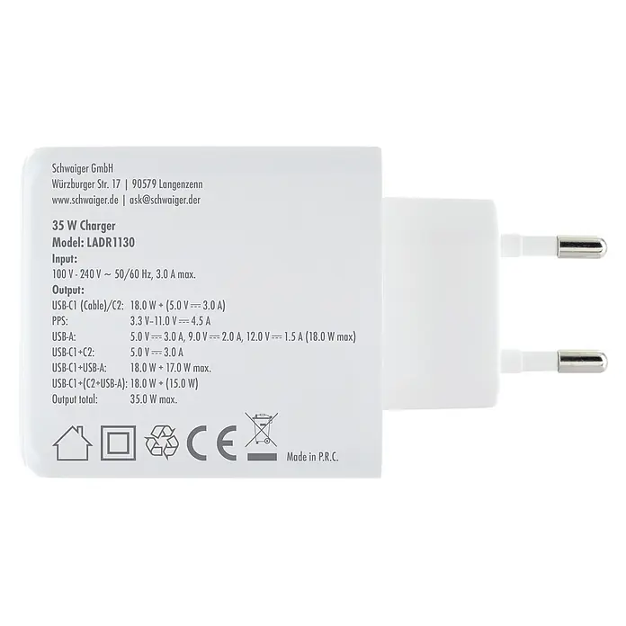 Schwaiger USB-Ladeadapter 230V 30W USB-A, USB-C - Weiß - Weißes Kunststoff-Netzteil mit sichtbaren technischen Spezifikationen auf seiner Oberfläche.