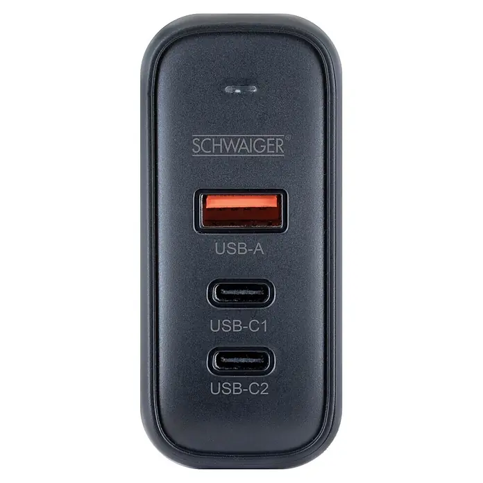 Schwaiger USB-Ladeadapter 230V Schnellladegerät 35W USBA, 2 x USB-C - Schwarz - Schwarzes SCHWAIGER Ladegerät mit 1 USB-A und 2 USB-C Anschlüssen.