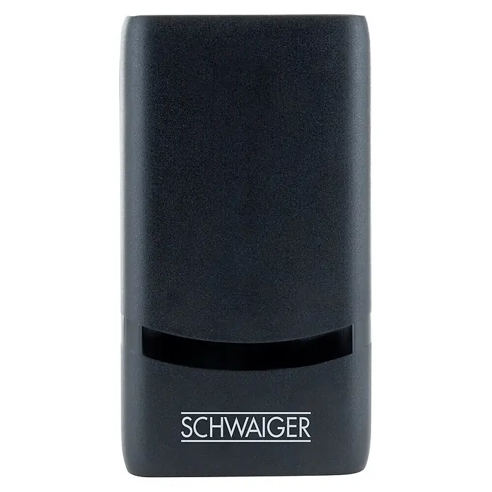Schwaiger USB-Ladeadapter 230V USB-A USB-C - Schwarz - Matt-schwarzes, rechteckiges SCHWAIGER Elektronikgehäuse mit abgerundeten Kanten und glänzendem, gebogenem Streifen.