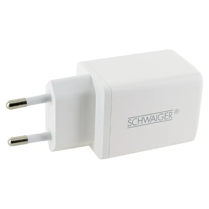 Schwaiger USB-Ladeadapter 48W 2 x USB-C - Weiß - Weißes SCHWAIGER Netzteil mit zwei silbernen europäischen Steckerpins.
