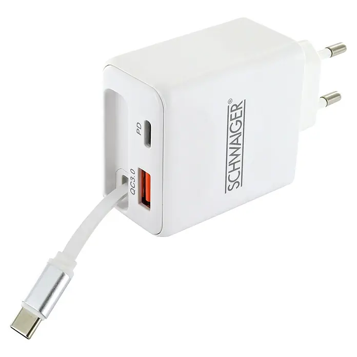 Schwaiger USB-Ladeadapter 230V 30W USB-A, USB-C - Weiß - Weißes SCHWAIGER Wandladegerät mit PD- und QC3.0-Anschlüssen, ein weißes USB-C-Kabel steckt im orangen QC3.0-Anschluss.