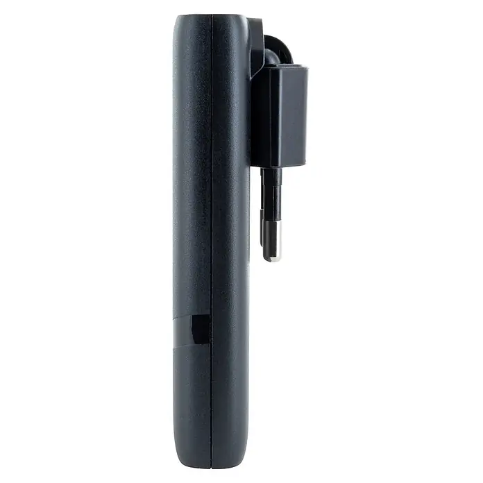 Schwaiger USB-Ladeadapter 230V USB-A USB-C - Schwarz - Schwarzes zylindrisches Gerät mit einem seitlich angebrachten Steckeranschluss.