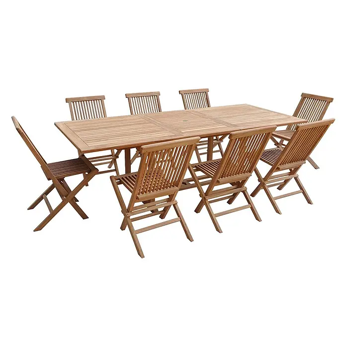 Happy Garden Gartentisch-Set LOMBOK - Gesamtumfang: 9 -tlg., Teakholz - Essgruppe aus Holz für den Außenbereich mit ausziehbarem Lattenrosttisch und acht passenden Klappstühlen.