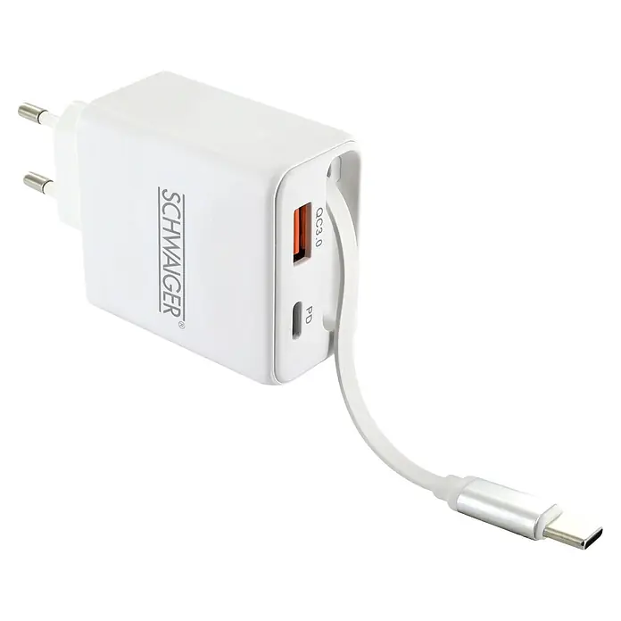 Schwaiger USB-Ladeadapter 230V 30W USB-A, USB-C - Weiß - Weißes SCHWAIGER Netzteil mit Eurostecker, USB-A (QC3.0) und USB-C (PD) Anschlüssen und angeschlossenem weißem USB-C Ladekabel.