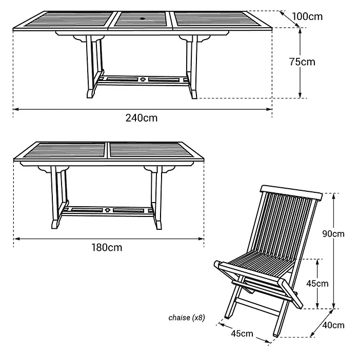 Happy Garden Gartentisch-Set LOMBOK - Gesamtumfang: 9 -tlg., Teakholz - Ausziehbarer Gartentisch aus Holz (180-240x100x75cm) und passender Klappstuhl (45x40x90cm).