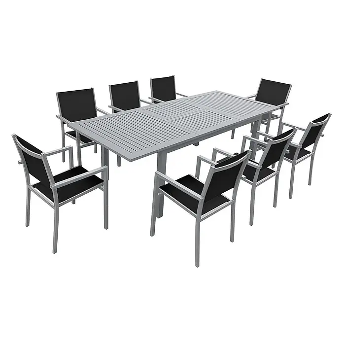 Happy Garden Gartentisch-Set CAPRI - Gesamtumfang: 9 -tlg., Aluminium - Grauer Outdoor-Esstisch mit Lamellen und 8 passenden Stühlen mit schwarzen Stoffsitzen und Rückenlehnen.