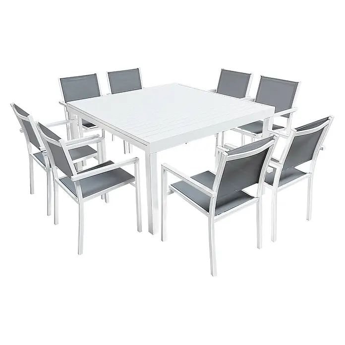 Happy Garden Gartentisch-Set VENEZIA - Gesamtumfang: 11 -tlg., Aluminium - Weißes Aluminium-Gartenset mit quadratischem Tisch und acht Stühlen mit grauen Netzsitzen und Rückenlehnen.