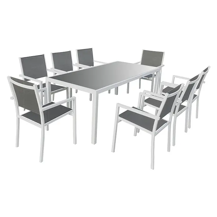 Happy Garden Gartentisch-Set BARI - Gesamtumfang: 9 -tlg., Aluminium - Weißes Aluminium-Gartenset mit dunkelgrauer Tischplatte und 8 passenden Stühlen mit dunkelgrauen Netzsitzen.