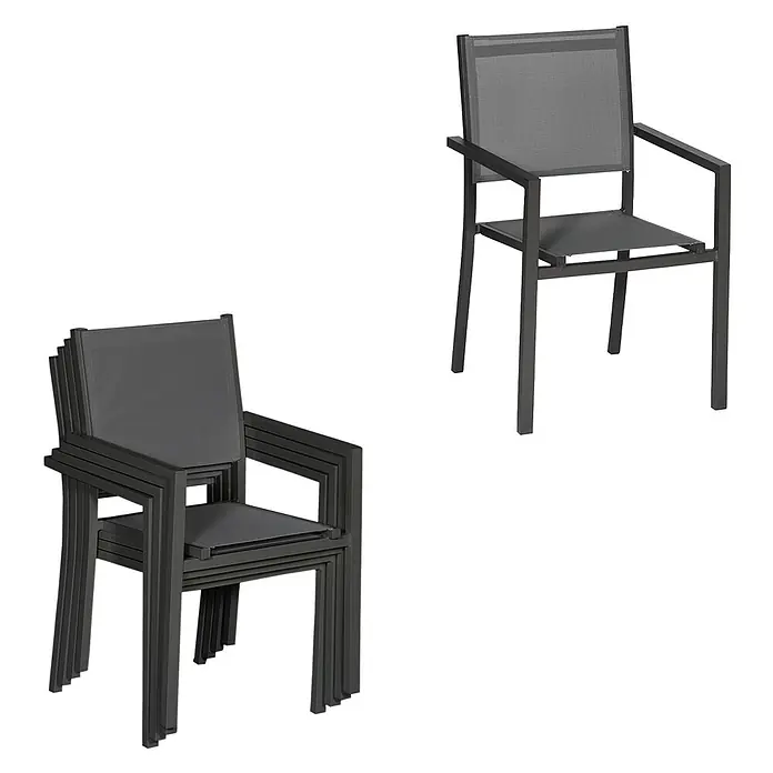 Happy Garden Gartentisch-Set VENEZIA - Gesamtumfang: 11 -tlg., Aluminium - Zwei dunkelgraue stapelbare Outdoor-Sessel mit Netzrücken und -sitzen, einer allein, andere gestapelt.