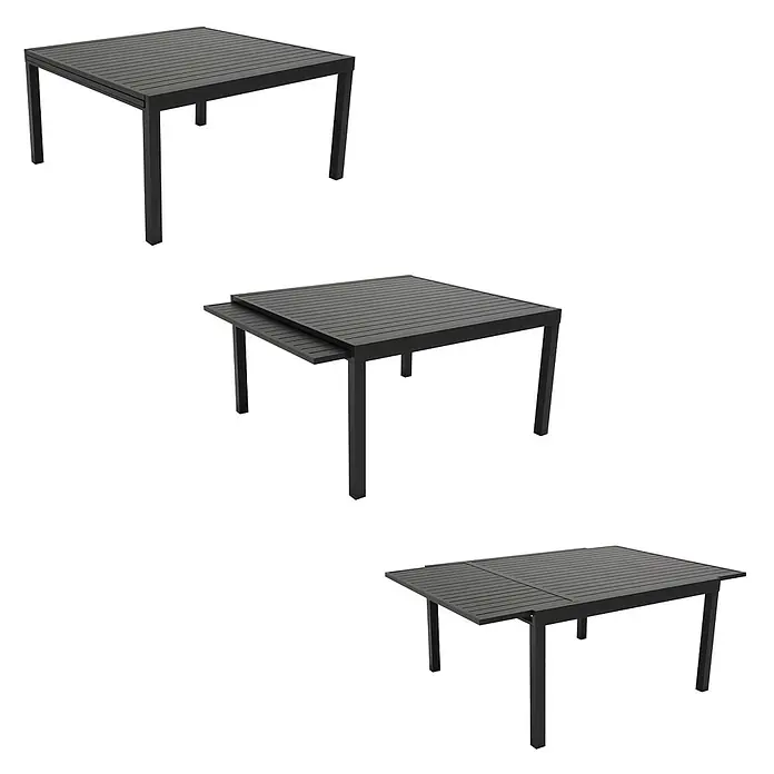 Happy Garden Gartentisch-Set VENEZIA - Gesamtumfang: 11 -tlg., Aluminium - Schwarzer ausziehbarer Gartentisch mit Lattenplatte, kompakt, teilweise und voll ausgezogen dargestellt.