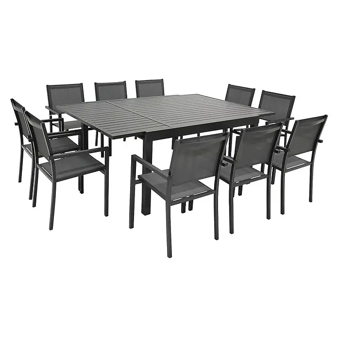 Happy Garden Gartentisch-Set VENEZIA - Gesamtumfang: 11 -tlg., Aluminium - Dunkelgraues, ausziehbares Terrassen-Esstischset aus Metall mit 10 Netzstühlen.