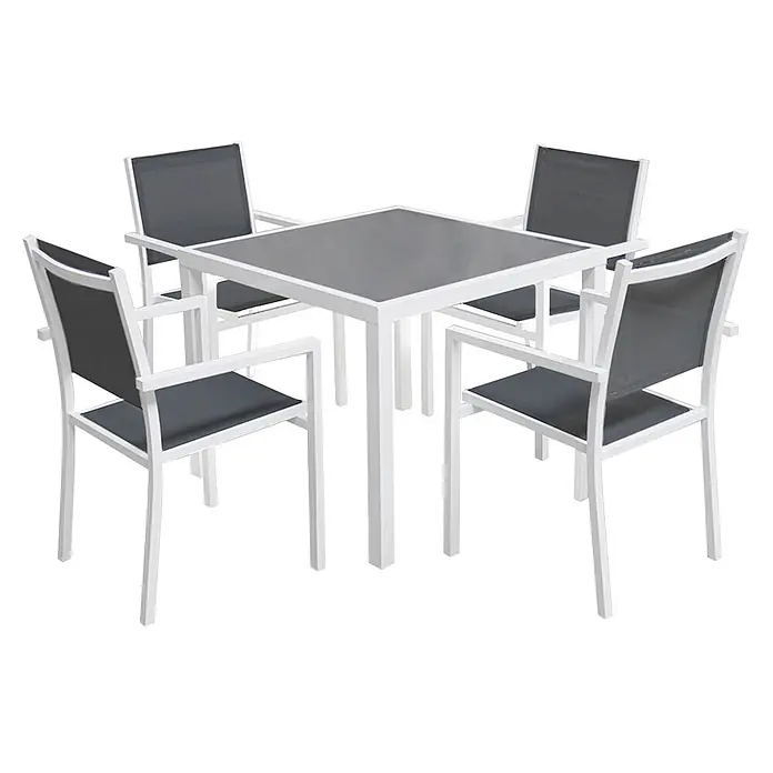 Happy Garden Gartentisch-Set BERGAMO - Gesamtumfang: 5 -tlg., Aluminium - Weißes Aluminium-Gartenset mit quadratischem Tisch und vier Stühlen, mit dunkelgrauen Textilene-Sitzen und Tischplatte.