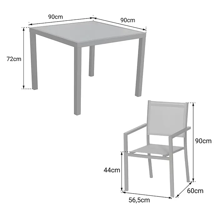 Happy Garden Gartentisch-Set BERGAMO - Gesamtumfang: 5 -tlg., Aluminium - Grauer Metall-Gartentisch (90x90x72cm) und passender Stuhl (56.5x60x90cm) mit Maßen.
