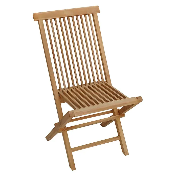 Teakholz-Gartenmöbel LOMBOK - ovaler ausziehbarer Tisch - 10 Plätze -  - Naturfarbener, hellbrauner Holzklappstuhl mit Lattenrückenlehne und Sitzfläche.