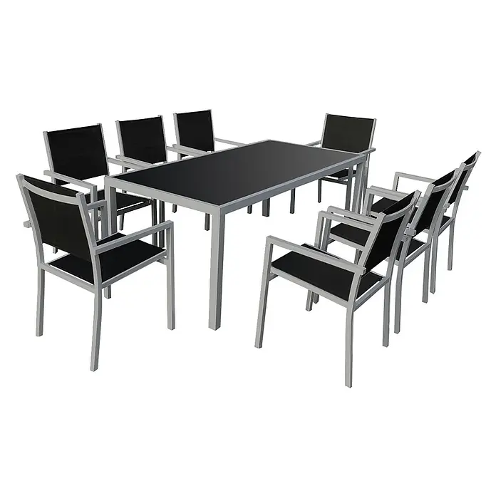 Happy Garden Gartentisch-Set BARI - Gesamtumfang: 9 -tlg., Aluminium - Modernes silber-graues Aluminium-Gartenset mit rechteckigem schwarzem Tisch und 8 Stühlen mit schwarzem Sling-Stoff.