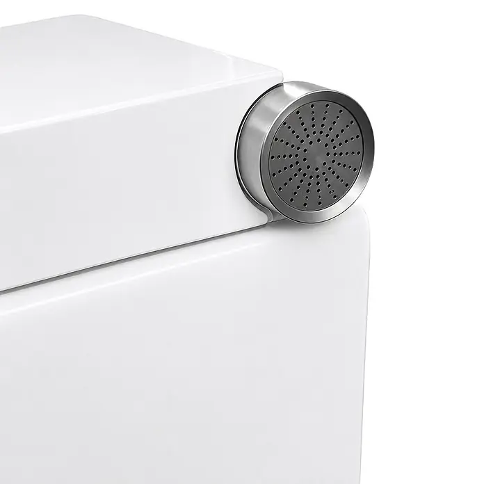 Taza de WC Japonés Smart Beta - Sin borde de descarga, Salida WC: Vertical, Blanco - Bidet blanco con boquilla circular de metal cepillado y perforado.