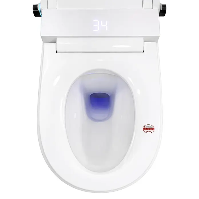 Taza de WC Japonés Smart Beta - Sin borde de descarga, Salida WC: Vertical, Blanco - Asiento de inodoro bidé blanco con pantalla digital, taza azul iluminada y una pegatina de 'BODY SENSORS'.
