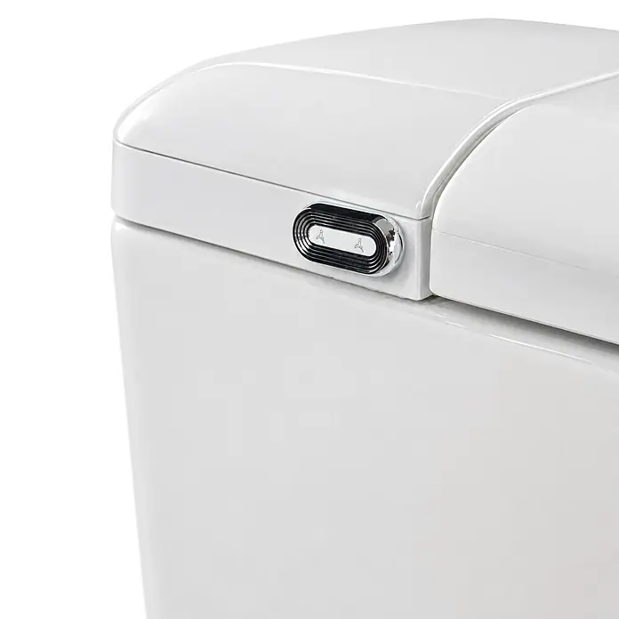 Taza de WC Japonés Smart Alpha - Sin borde de descarga, Salida dual, Blanco - Cisterna de inodoro blanca, con un elegante panel cromado de doble descarga con dos botones simbólicos.