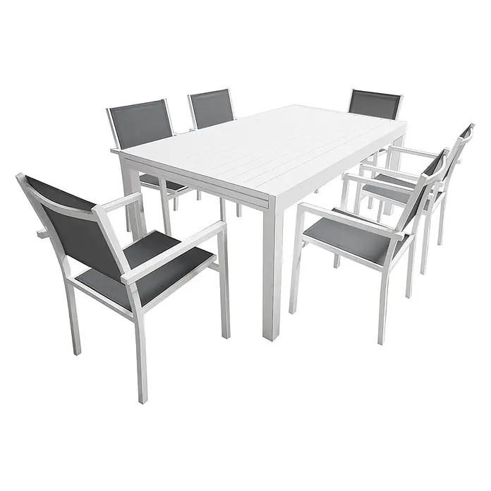 Happy Garden Gartentisch-Set VENEZIA - Gesamtumfang: 11 -tlg., Aluminium - Weißer Gartentisch mit Lattenplatte und sechs Stühlen mit weißen Gestellen und dunkelgrauen Netzbespannungen.