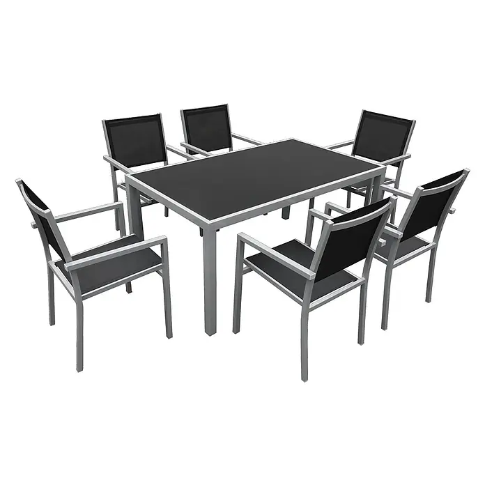 Happy Garden Gartentisch-Set BERGAMO - Gesamtumfang: 7 -tlg., Aluminium - Eine silbergraue Aluminium-Gartengarnitur mit einem schwarzen rechteckigen Tisch und sechs Stühlen mit schwarzen Netzsitzflächen und -lehnen.