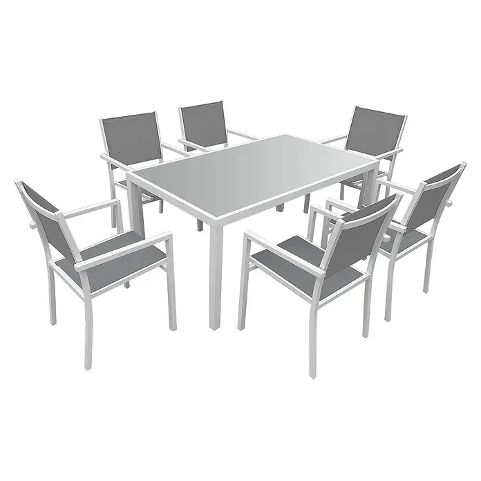 Happy Garden Gartentisch-Set BERGAMO - Gesamtumfang: 7 -tlg., Aluminium - Gartenset mit rechteckigem Tisch und sechs Stühlen. Weiße Gestelle, graue Textilbespannung und graue Tischplatte.