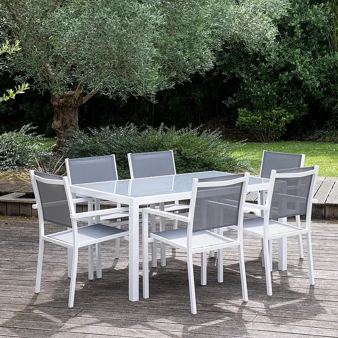 Happy Garden Gartentisch-Set BERGAMO - Gesamtumfang: 7 -tlg., Aluminium - Weißes Outdoor-Essset mit grauen Stoffstühlen und Glastischplatte.