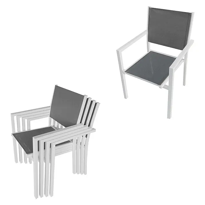 Happy Garden Gartentisch-Set VENEZIA - Gesamtumfang: 9 -tlg., Aluminium - Stapelbare Outdoor-Stühle mit weißen Gestellen und grauen Netzbespannungen, einzeln und gestapelt gezeigt.