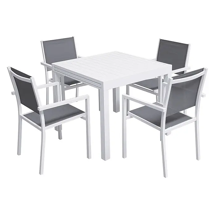Happy Garden Gartentisch-Set VENEZIA - Gesamtumfang: 9 -tlg., Aluminium - Weißer quadratischer Esstisch mit vier weißen Stühlen und grauen Textilsitzen und -lehnen.