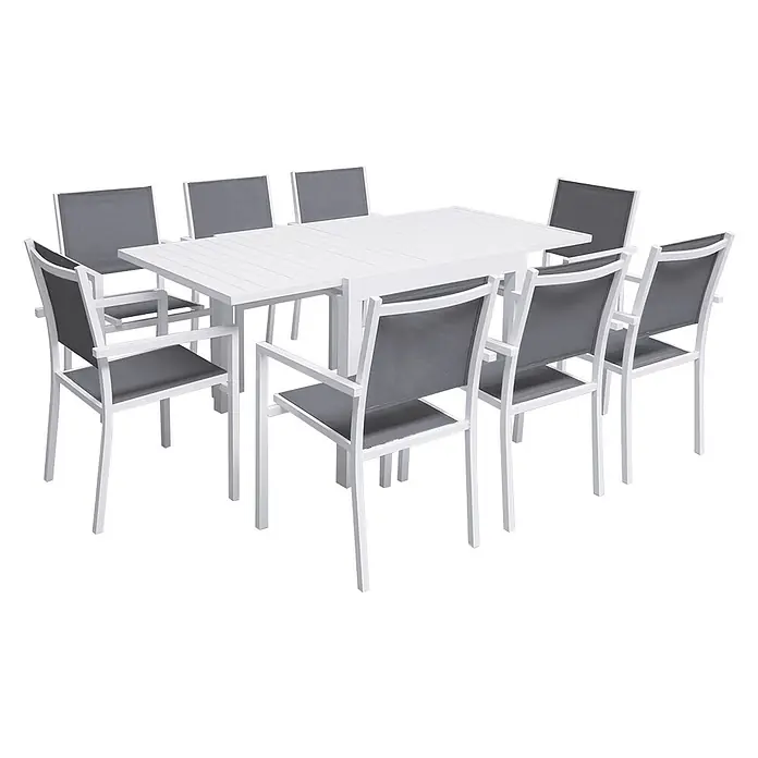 Happy Garden Gartentisch-Set VENEZIA - Gesamtumfang: 9 -tlg., Aluminium - Modernes Outdoor-Essset: weißer Lattenrosttisch und acht Stühle mit weißen Gestellen und dunkelgrauem Textilgewebe.