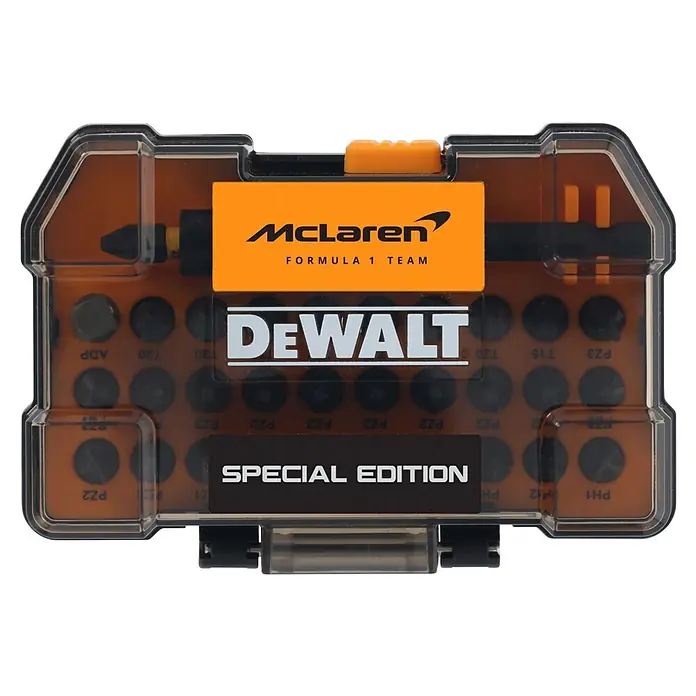 DeWalt Set de puntas McLaren - 32 pzs. - Juego de puntas de atornillar DeWalt McLaren Special Edition en estuche de plástico naranja y transparente, con varias puntas.