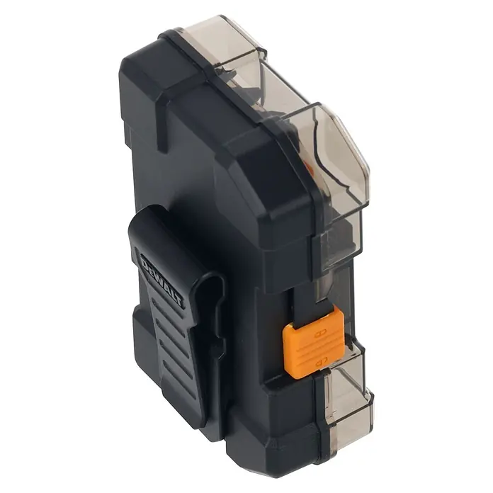 DeWalt Set de puntas McLaren - 32 pzs. - Estuche de herramientas de plástico negro con tapa transparente, cierre naranja y clip para cinturón DeWalt.