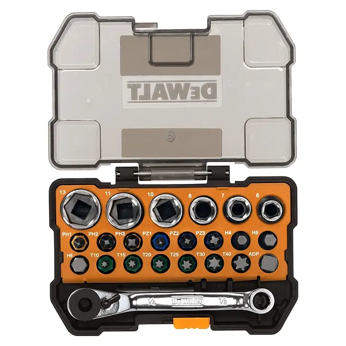 DeWalt Set de puntas McLaren - 24 pzs. - Set de brocas DeWalt con tapa transparente, estuche negro/naranja, carraca plateada y varias brocas (Philips, Pozidriv, Hex, Torx) y vasos.